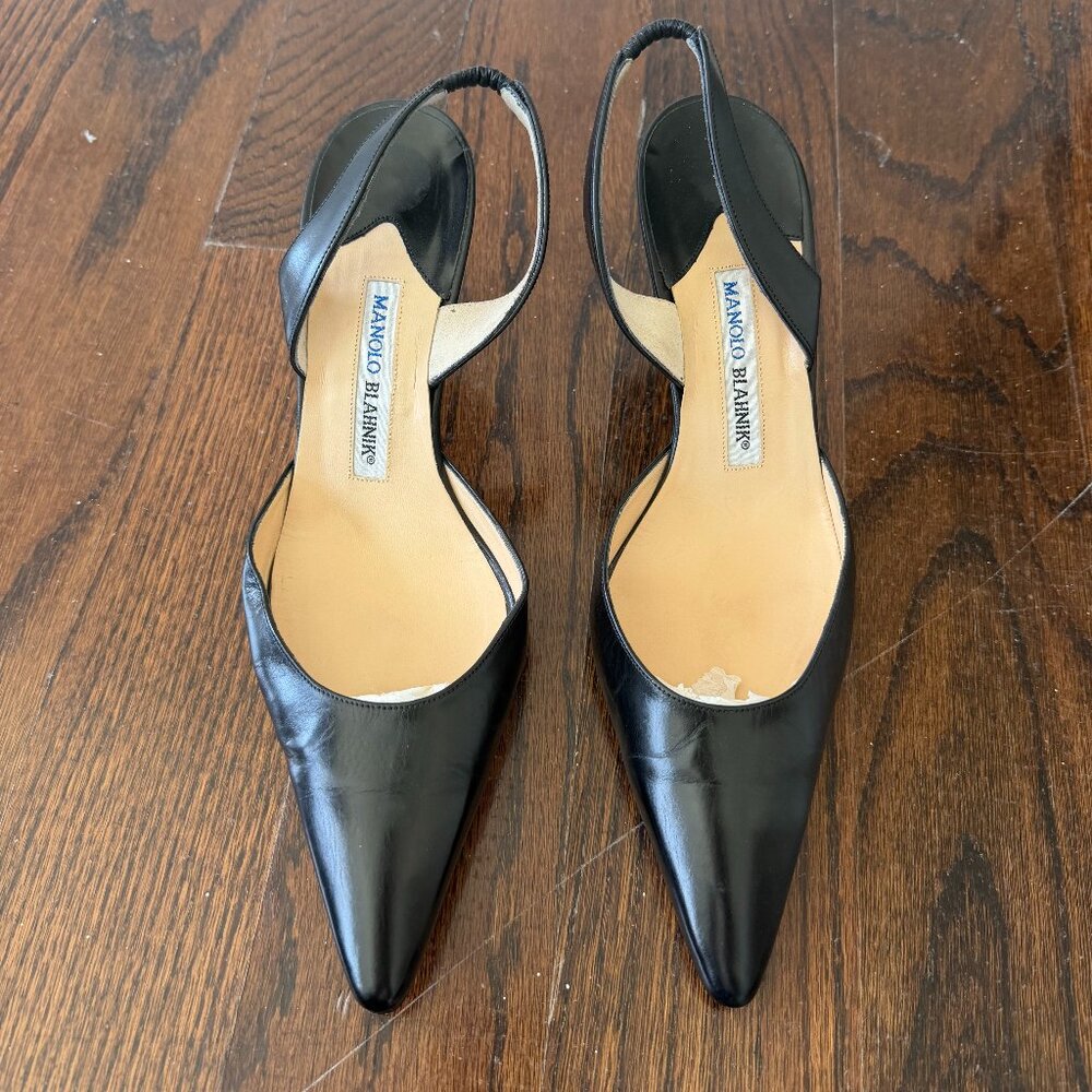 Manolo Blahnik, Carolyne Sling-Back Black Pumps, Size 38.5